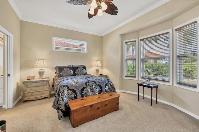 bedroom featuring multiple windows, ceiling fan, light carpet, and ornamental molding