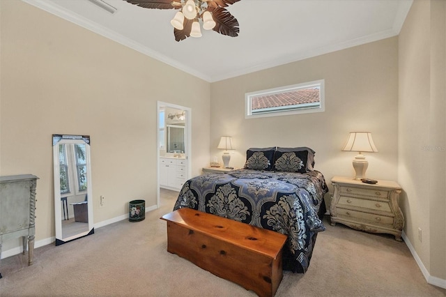 bedroom with light carpet, ensuite bathroom, ceiling fan, and crown molding