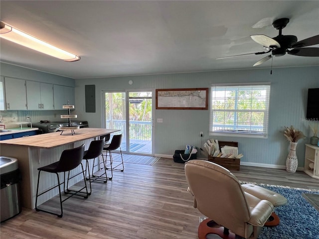 interior space with a healthy amount of sunlight, hardwood / wood-style flooring, and backsplash