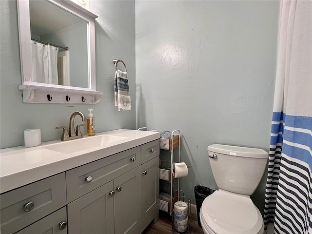 bathroom with vanity, toilet, and hardwood / wood-style floors