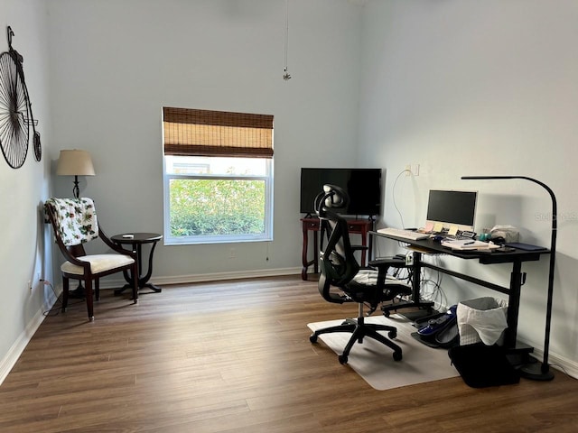 office with hardwood / wood-style floors and a high ceiling