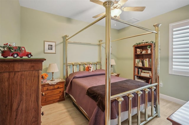 bedroom featuring ceiling fan and light wood-type flooring