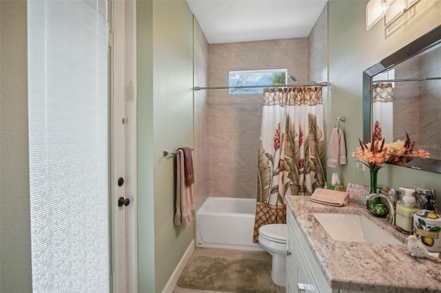 full bathroom with vanity, toilet, and shower / bath combo with shower curtain