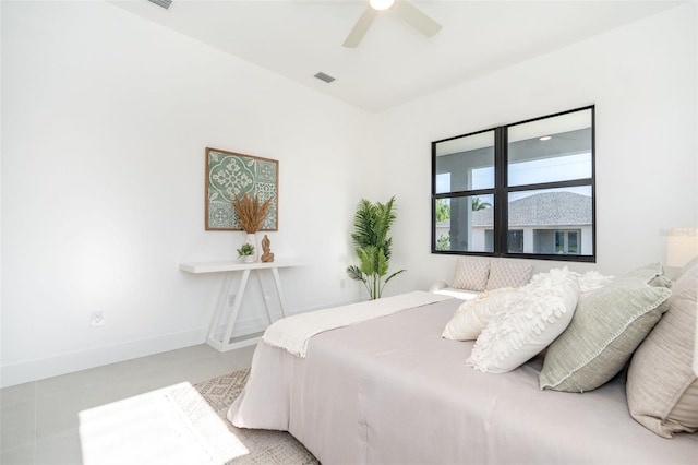 bedroom featuring a ceiling fan, visible vents, and baseboards