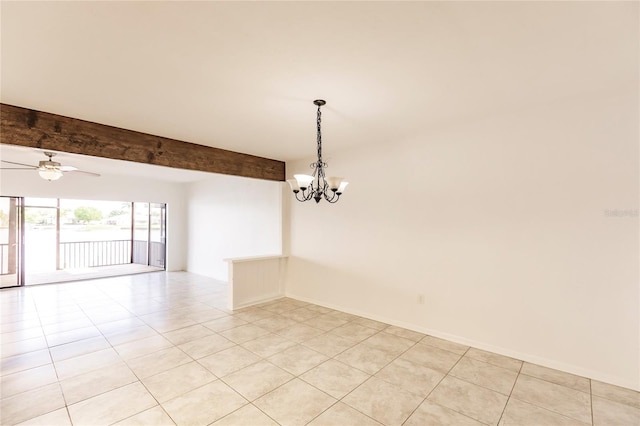 tiled spare room featuring beamed ceiling and ceiling fan with notable chandelier