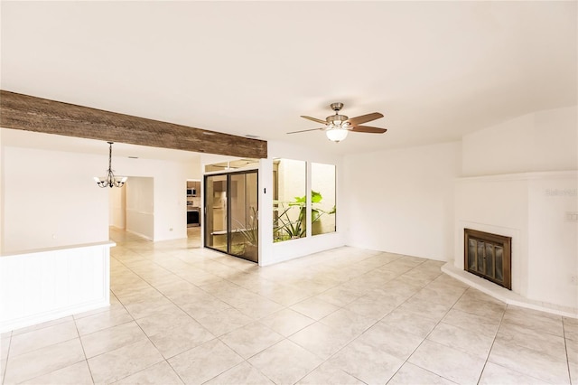 unfurnished living room featuring ceiling fan with notable chandelier, beam ceiling, and light tile patterned flooring