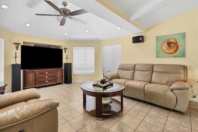 tiled living room featuring ceiling fan