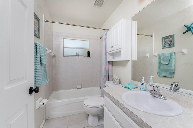 full bathroom featuring tile floors, shower / bathtub combination with curtain, toilet, and vanity