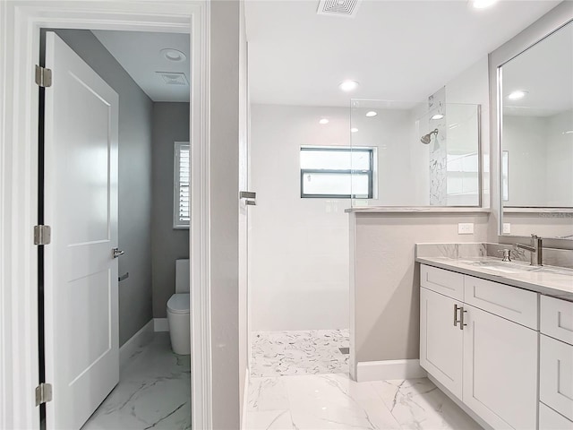 bathroom with a shower, vanity, and toilet