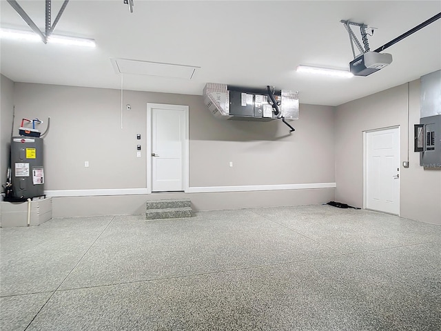 garage featuring electric panel, water heater, and a garage door opener