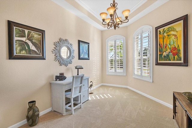 office featuring a raised ceiling, crown molding, light colored carpet, and a chandelier