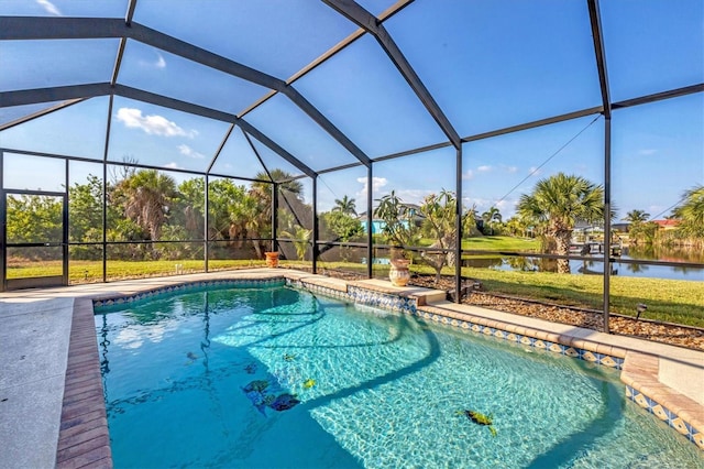 view of pool featuring a water view and a lanai