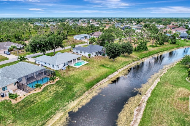 drone / aerial view with a water view