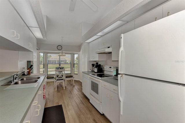 kitchen with white cabinets, white appliances, pendant lighting, and light hardwood / wood-style flooring