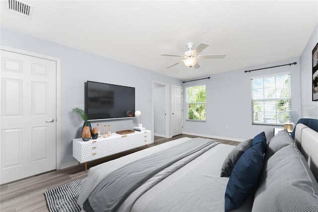 bedroom with ceiling fan and light wood-type flooring