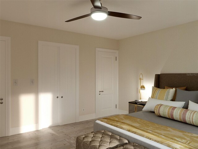 bedroom featuring ceiling fan and light hardwood / wood-style flooring