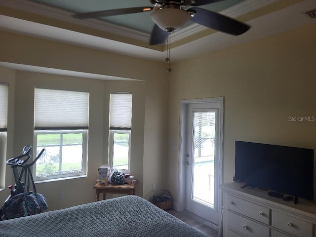 bedroom featuring a raised ceiling, multiple windows, access to exterior, and ceiling fan