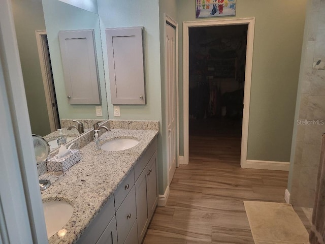 bathroom featuring wood-type flooring and double vanity