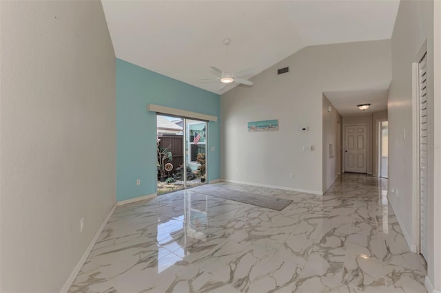 empty room with vaulted ceiling and ceiling fan