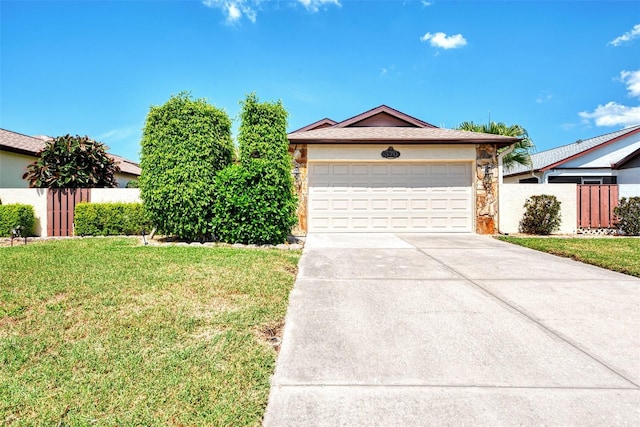 view of front of house with a front yard and a garage