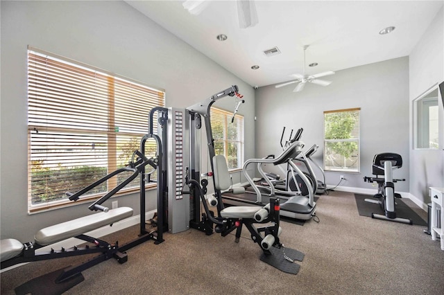 workout room featuring plenty of natural light and ceiling fan