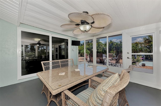 sunroom with ceiling fan and wood ceiling