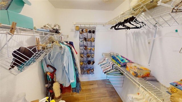 walk in closet with wood-type flooring