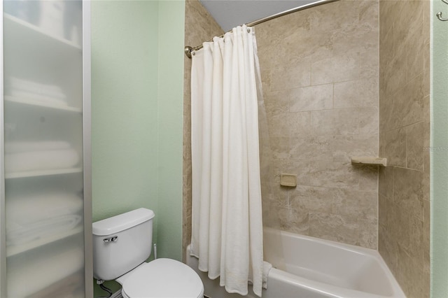 bathroom featuring toilet and shower / bathtub combination with curtain