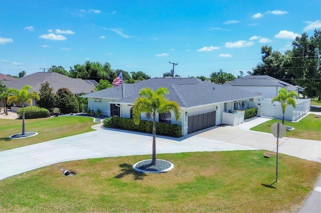 ranch-style home with a front yard and a garage