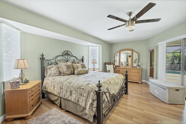 bedroom featuring light hardwood / wood-style flooring and ceiling fan