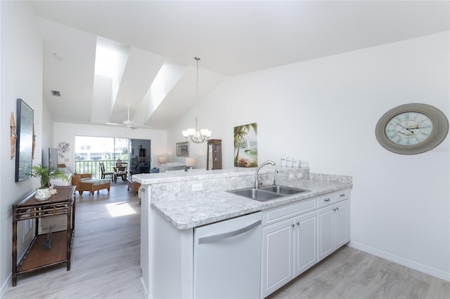 kitchen with sink, light hardwood / wood-style flooring, kitchen peninsula, white dishwasher, and white cabinets