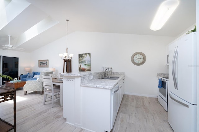 kitchen with white cabinetry, sink, kitchen peninsula, pendant lighting, and white appliances