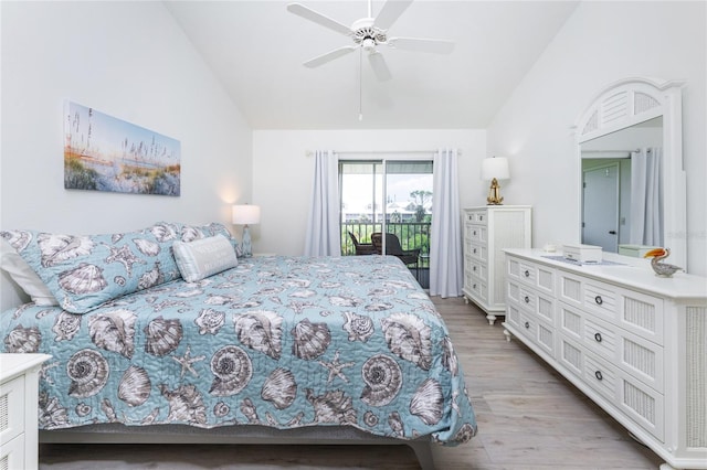 bedroom featuring access to exterior, ceiling fan, light hardwood / wood-style floors, and lofted ceiling