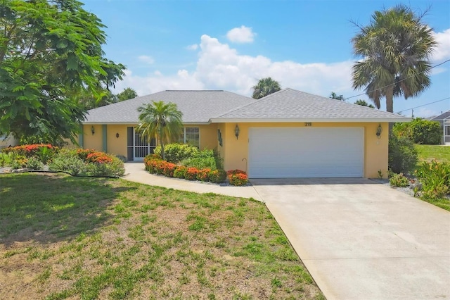 ranch-style house featuring a garage and a front yard