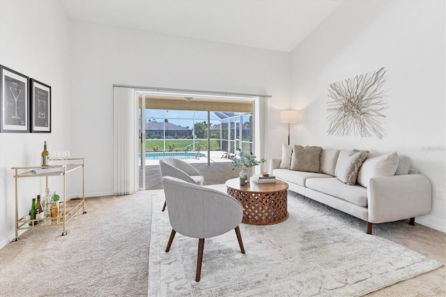 living room with carpet and a high ceiling