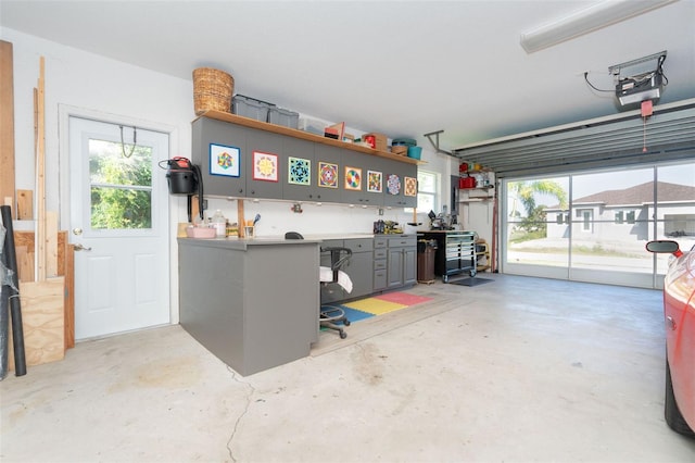 garage featuring a workshop area and a garage door opener