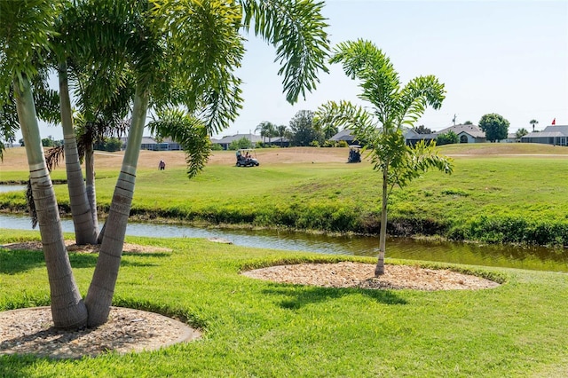 view of community with a yard and a water view