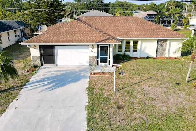 ranch-style house with a front yard and a garage