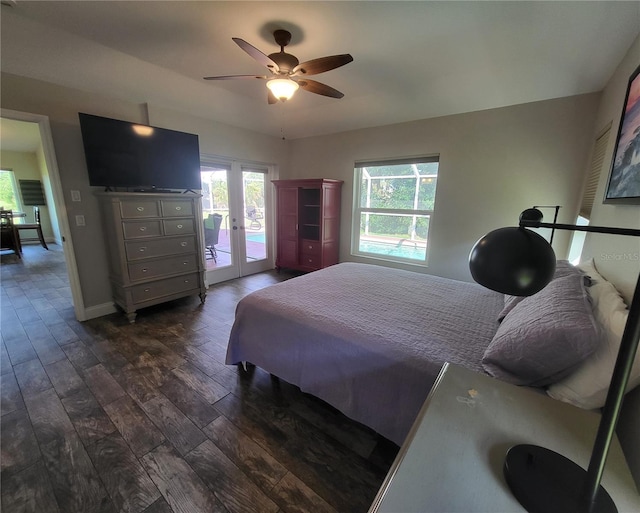 bedroom with ceiling fan, french doors, access to outside, and dark wood-type flooring