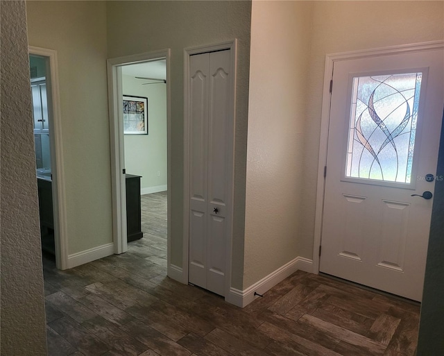 foyer entrance featuring baseboards and dark wood-type flooring