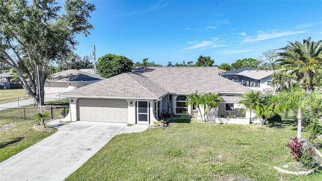 single story home featuring a garage and a front yard