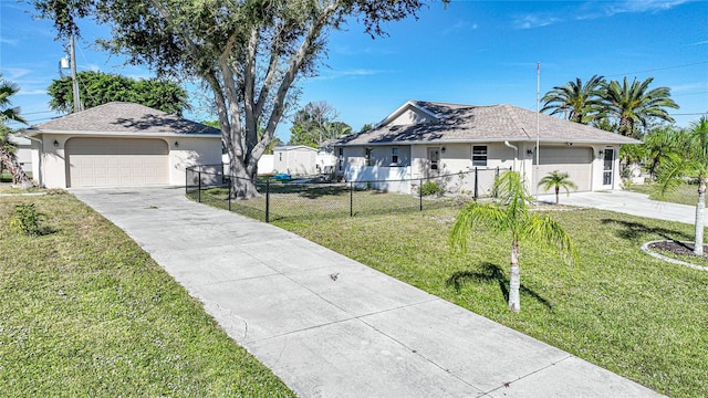 ranch-style home featuring a garage and a front lawn