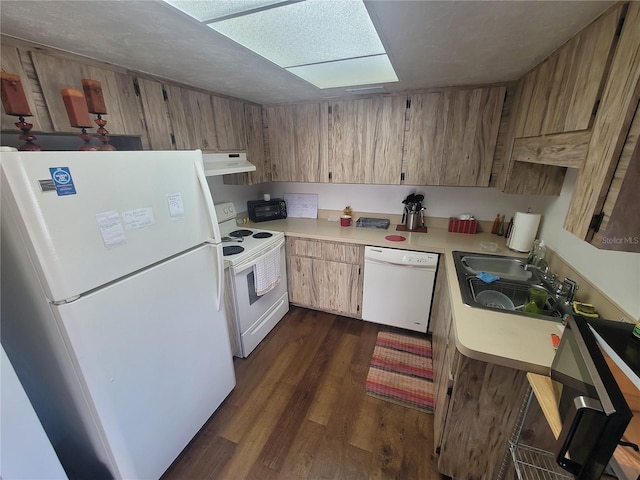 kitchen with dark hardwood / wood-style floors, sink, and white appliances