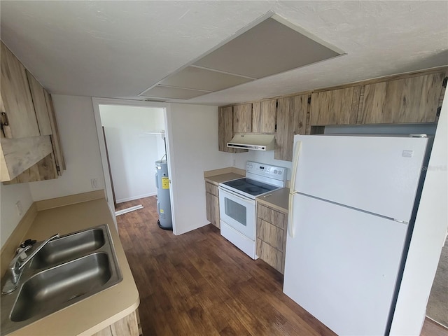 22481 Westchester Blvd Unit B35, Punta Gorda, FL 33980 - kitchen with white appliances, a sink, water heater, extractor fan, and dark wood-style floors