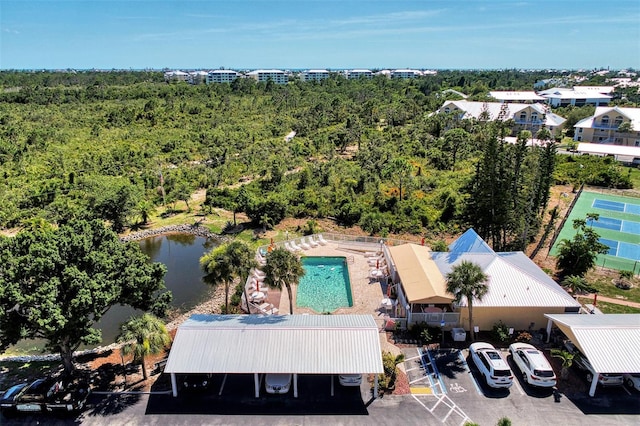 drone / aerial view with a water view