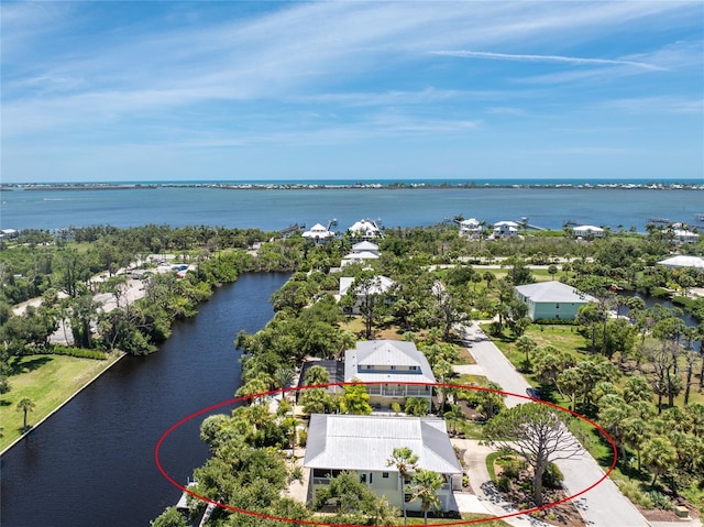 drone / aerial view featuring a water view