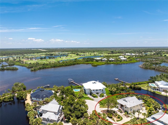 drone / aerial view featuring a water view