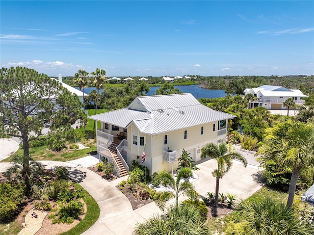 aerial view featuring a water view