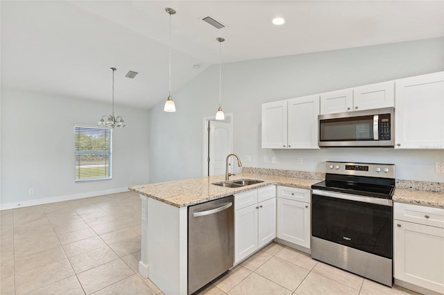 kitchen with white cabinets, decorative light fixtures, sink, and appliances with stainless steel finishes