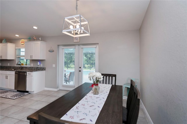 tiled dining area with french doors and sink